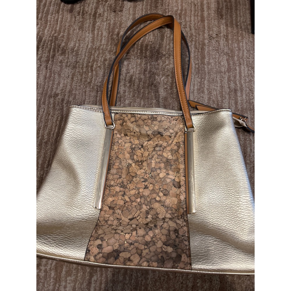 Sondra Roberts Squared Tote Bag Cork Panel Gold Metallic Shoulder Bag
